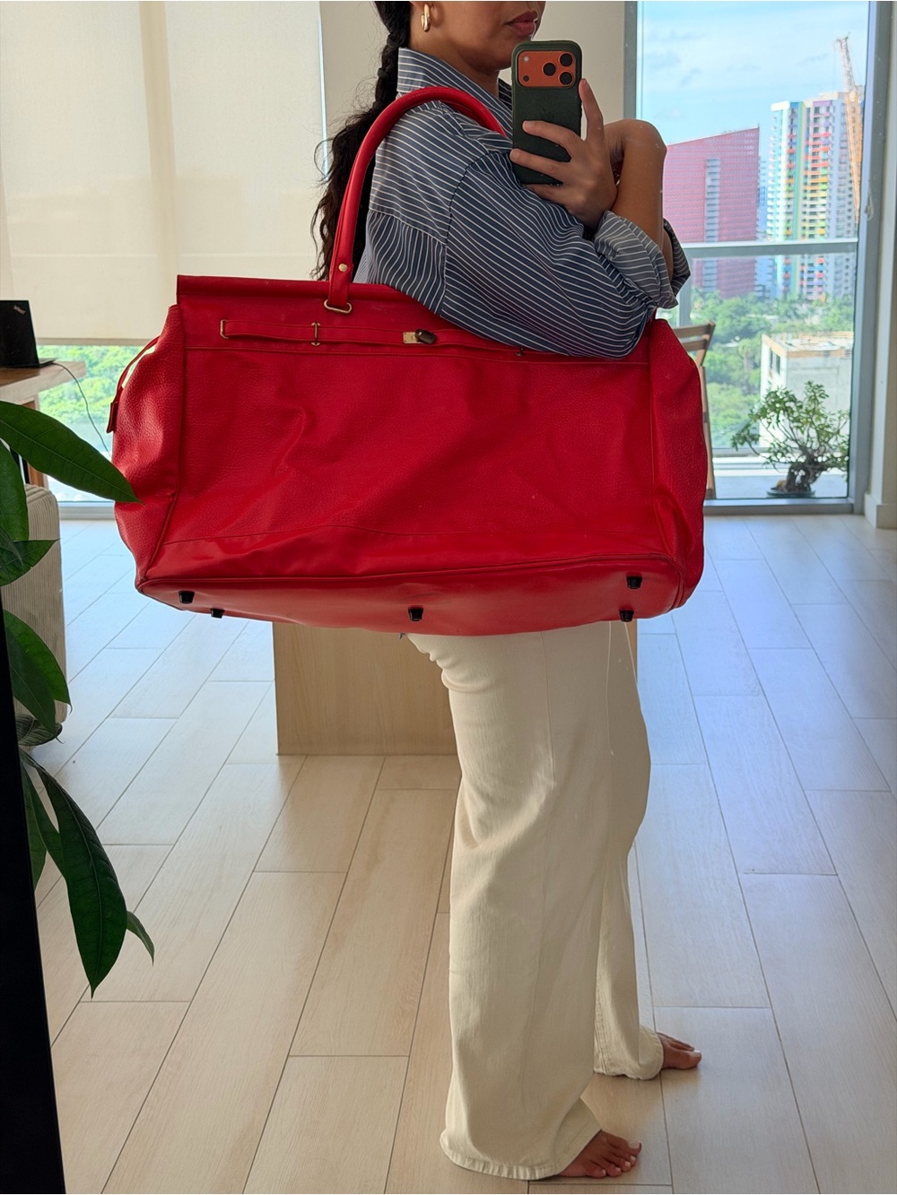Spacious Red Leather Travel Weekender Tote